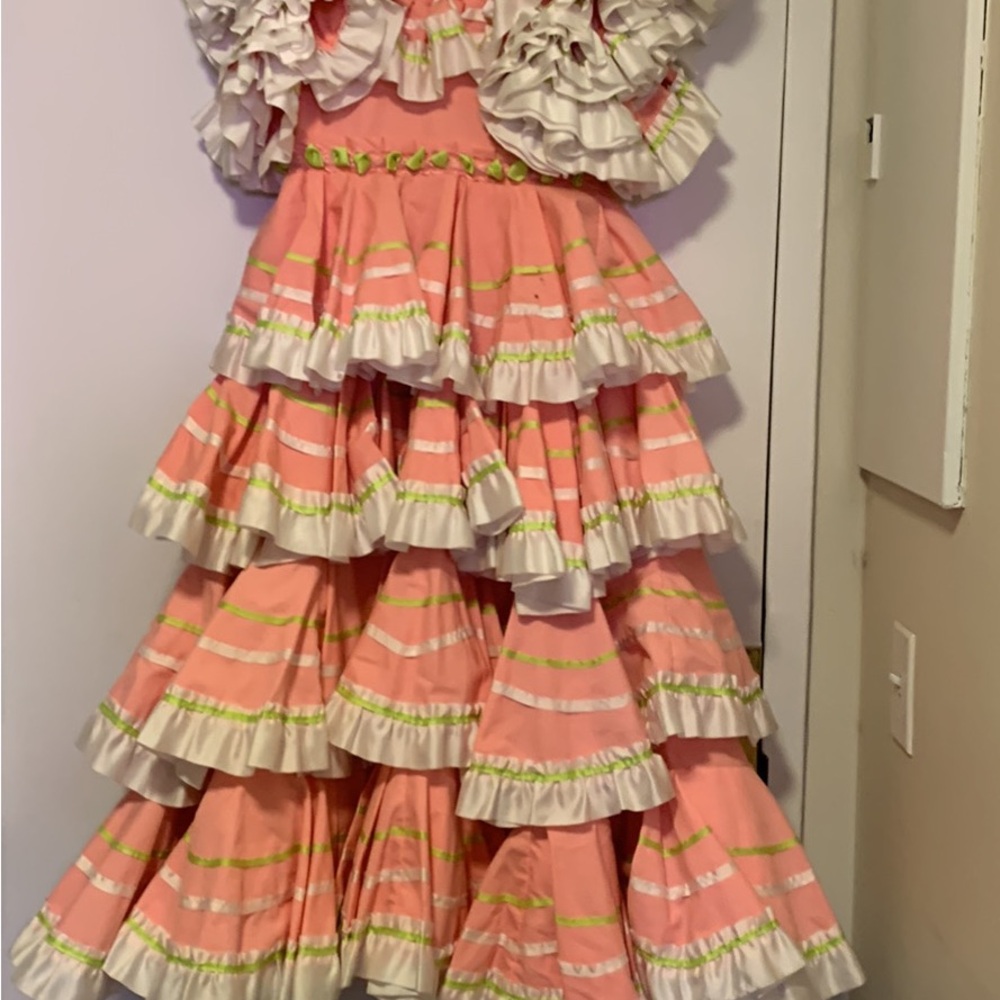 Pink and White Ruffled Dance Dress with Lace Trim